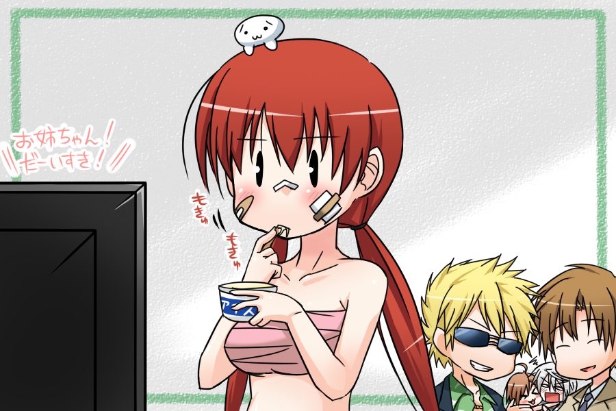 :3, ahoge, bandage, bandages, bandaid, blonde_hair, blush, brown_hair