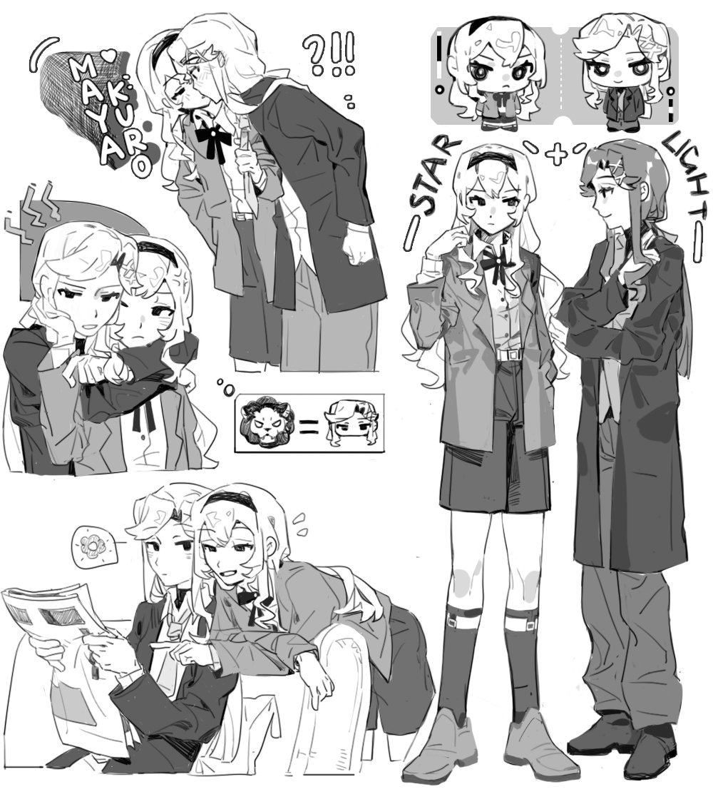 !?, 2girls, anger_vein, blush, chibi, coat, collared_shirt, commentary