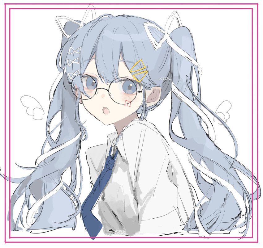 1girl, absurdres, aqua_eyes, aqua_hair, blue_necktie, blush, collared_shirt, detached_wings