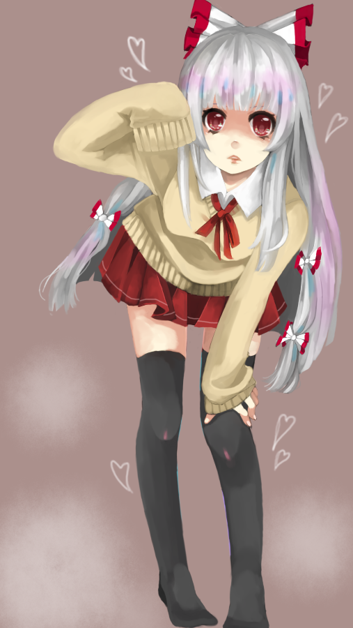 fujiwara_no_mokou, hair_bow, heart, leaning_forward, long_hair, momoiro_gingham, pleated_skirt, red_eyes