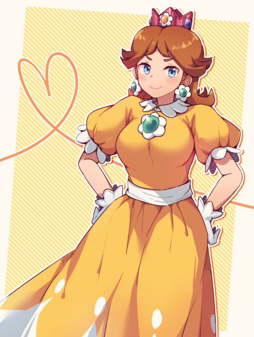 1girl, absurdres, blue_eyes, breasts, brown_hair, crown, dress, earrings