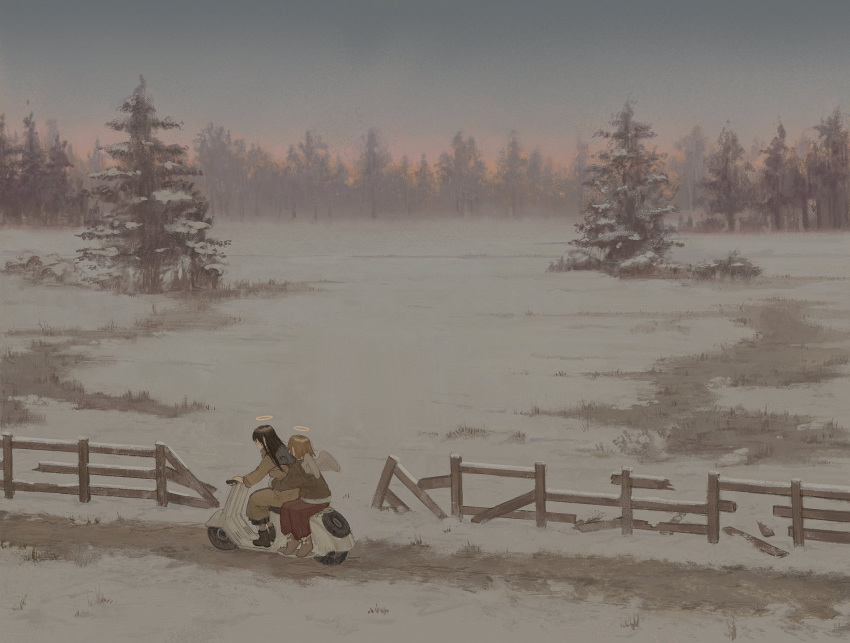 2girls, absurdres, angel, angel_wings, black_hair, brown_hair, haibane_renmei, halo