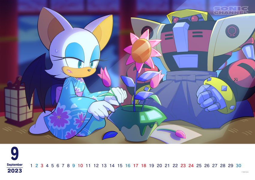 1girl, 1other, 2023, absurdres, bat_girl, blue_kimono, closed_mouth, copyright_notice