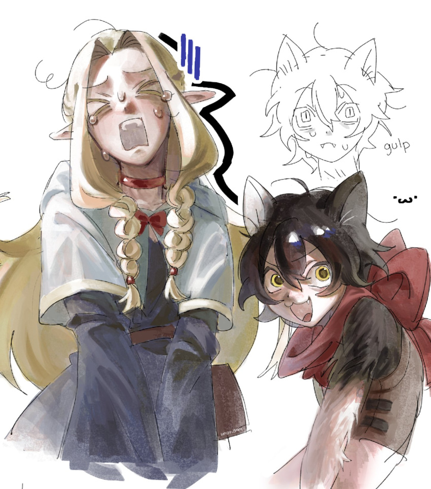 >_<, 09iinowq8, 2girls, :3, animal_ears, artist_name, black_hair, blonde_hair