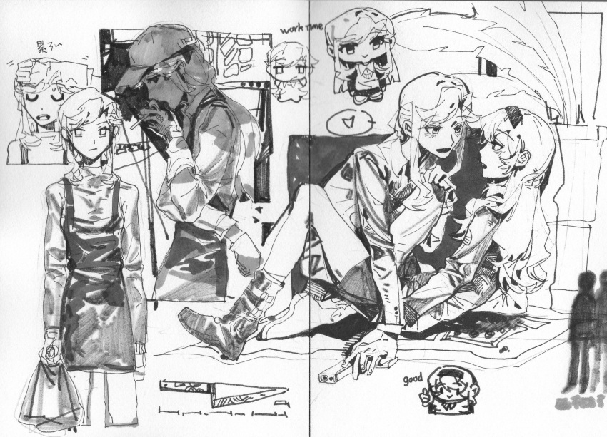 2girls, baseball_cap, blush, boots, cigarette, closed_mouth, commentary, dress