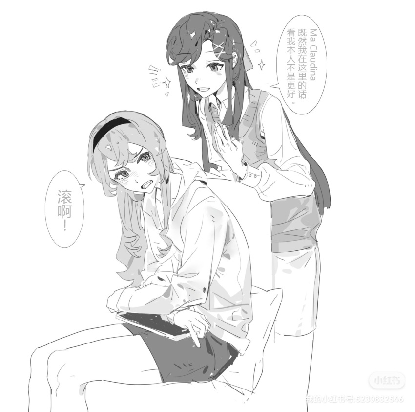 2girls, chinese_text, collared_shirt, commentary, cushion, english_commentary, greyscale, hair_ornament