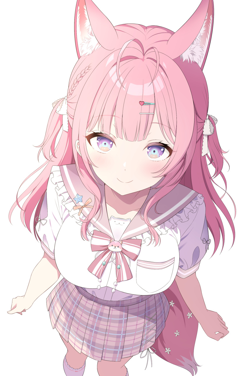 1girl, absurdres, animal_ear_fluff, animal_ears, antenna_hair, blue_eyes, blush, bow_print