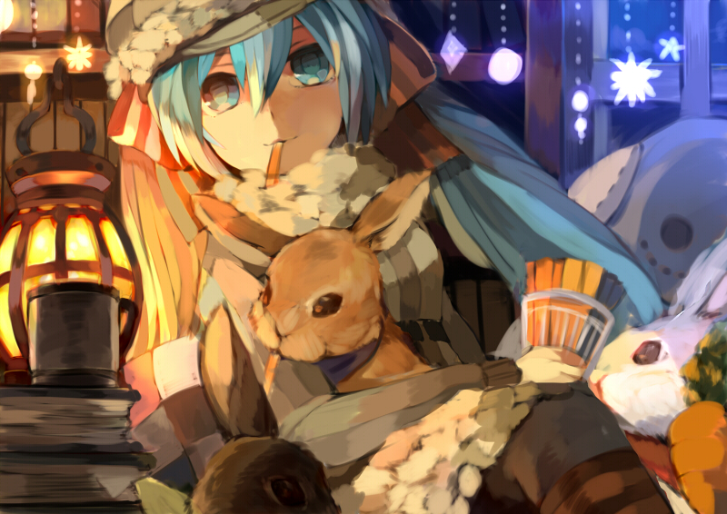 aqua_hair, bad_id, bunny, carrot, carrot_sticks, hat, hatsune_miku, lamp