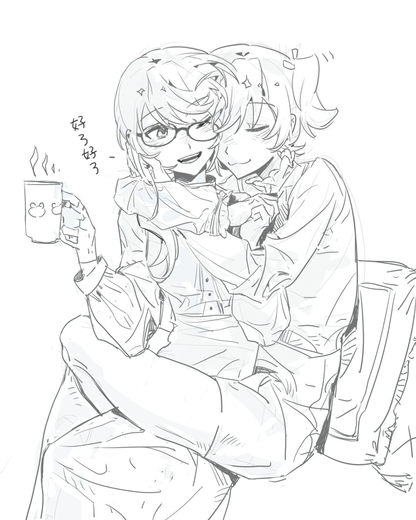 2girls, :3, absurdres, arm_around_neck, bandaid, bandaid_on_arm, closed_eyes, closed_mouth