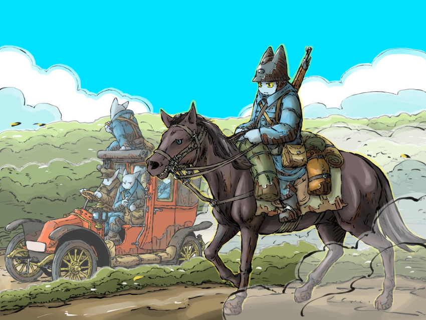 5boys, adrian_helmet, animal, blue_coat, blue_sky, car, coat, dust_cloud, ford_model_t, furry, gun, helmet, highres, horse, horseback_riding, motor_vehicle, multiple_boys, original, riding, rifle, saddle, saddlebags, sky, trench_coat, vehicle_focus, weapon, yabarn