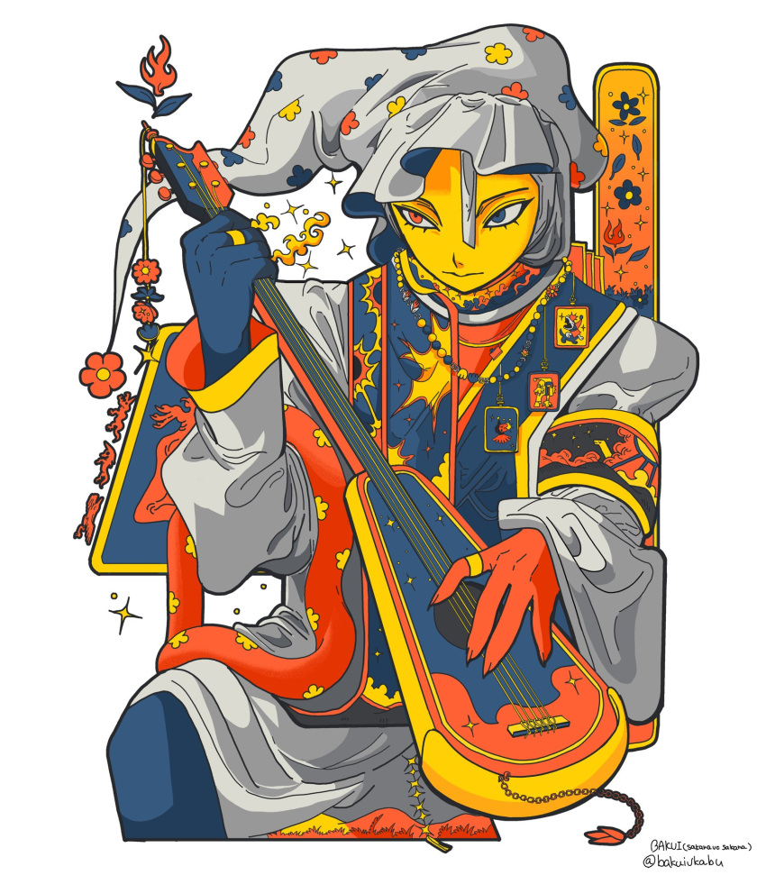 1boy, armband, artist_name, asymmetrical_gloves, bakui, bead_necklace, beads, black_eyes