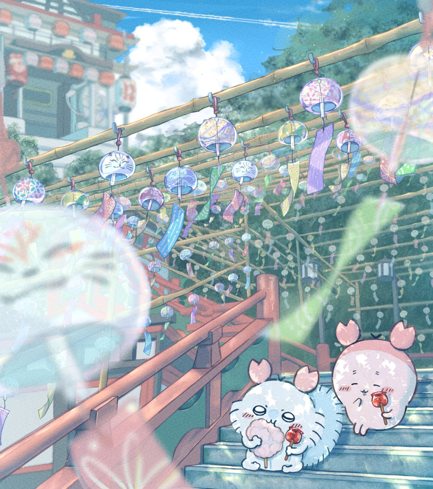 :3, absurdres, blush_stickers, candy_apple, chiikawa, closed_eyes, clouds, cotton_candy