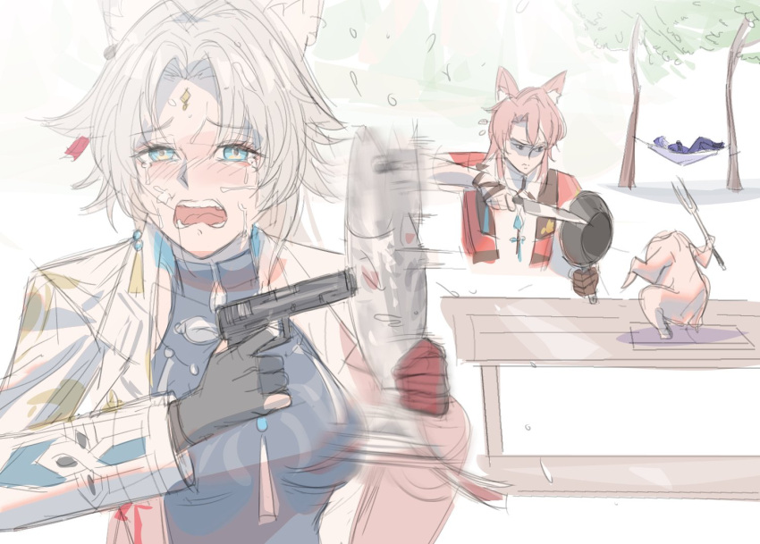 1girl, 2boys, afterimage, animal, animal_ears, crying, crying_with_eyes_open, d:
