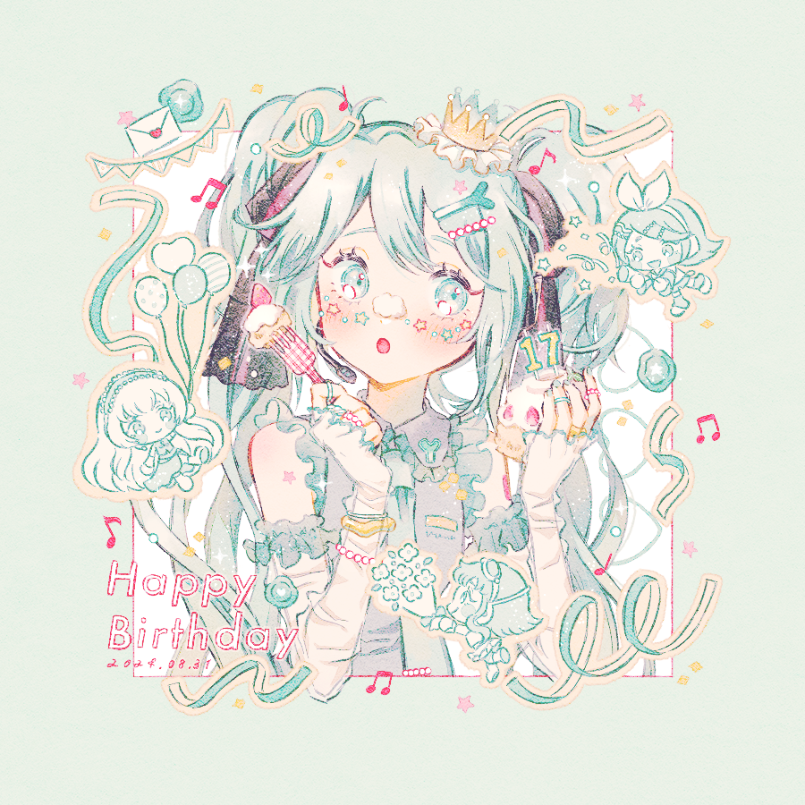 4girls, :o, bangs_pinned_back, beamed_eighth_notes, black_bow, blue_eyes, blue_hair, blue_nails