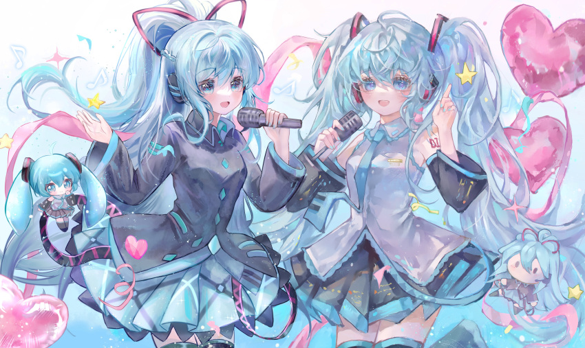 2girls, absurdres, aqua_eyes, aqua_hair, aqua_nails, aqua_necktie, aqua_skirt, aqua_trim, bare_shoulders, black_shirt, black_sleeves, blush, breasts, chinese_commentary, commentary_request, detached_sleeves, dual_persona, grey_shirt, hair_between_eyes, hair_ribbon, hatsune_miku, hatsune_miku_(if), headphones, headset, highres, keran_yezi_dong, long_hair, long_sleeves, miniskirt, multiple_girls, necktie, number_tattoo, open_mouth, piano_print, pleated_skirt, ponytail, ribbon, shirt, skirt, sleeveless, smile, tattoo, thigh-highs, twintails, very_long_hair, vocaloid, zettai_ryouiki