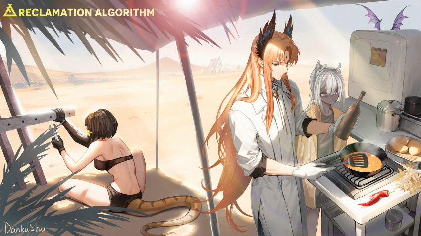 1boy, 3girls, absurdres, animal_ears, arknights, bandeau, bare_shoulders, black_gloves