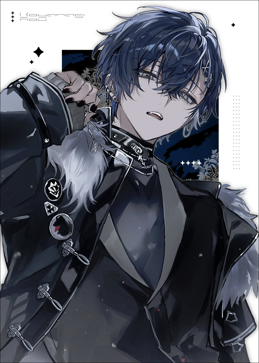 0x3nr, 1boy, absurdres, asymmetrical_bangs, black_nails, black_undershirt, blue_hair, character_name