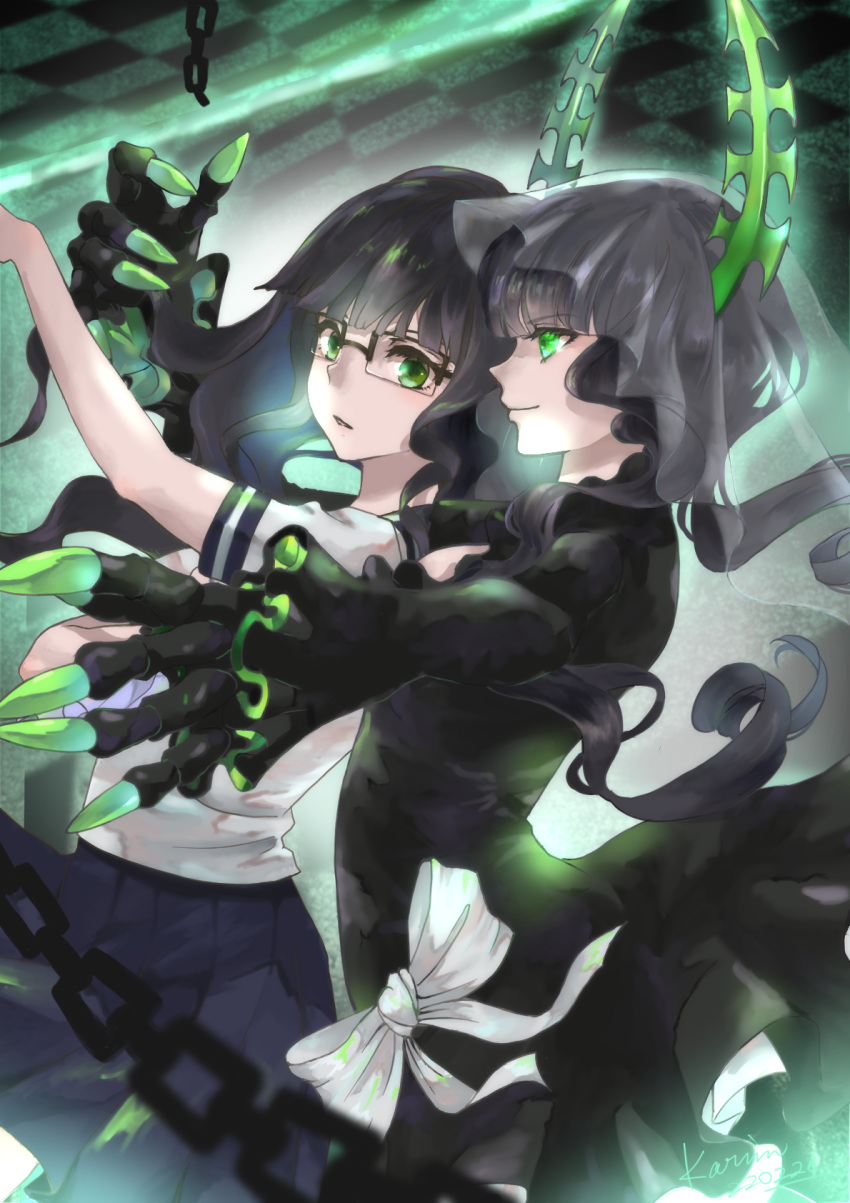 2girls, black_dress, black_hair, black_rock_shooter, bridal_veil, chain, dead_master, dress