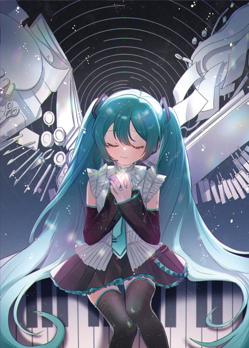 1girl, aqua_hair, aqua_nails, black_skirt, black_sleeves, black_thighhighs, blossom_(user_ztcy5458), closed_eyes, closed_mouth, detached_sleeves, dot_nose, forehead, frilled_skirt, frills, hair_between_eyes, hatsune_miku, hatsune_miku_happy_16th_birthday_-dear_creators-, highres, knees_together_feet_apart, lens_flare, light_particles, long_hair, long_sleeves, mechanical_wings, nail_polish, own_hands_together, piano_keys, scissors, skirt, smile, solo, thigh-highs, tools, twintails, very_long_hair, vocaloid, wings