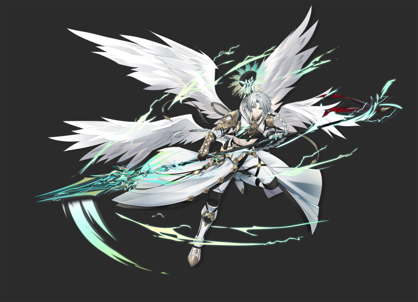 1boy, :|, absurdres, angel, angel_wings, armor, asymmetrical_gloves, black_background