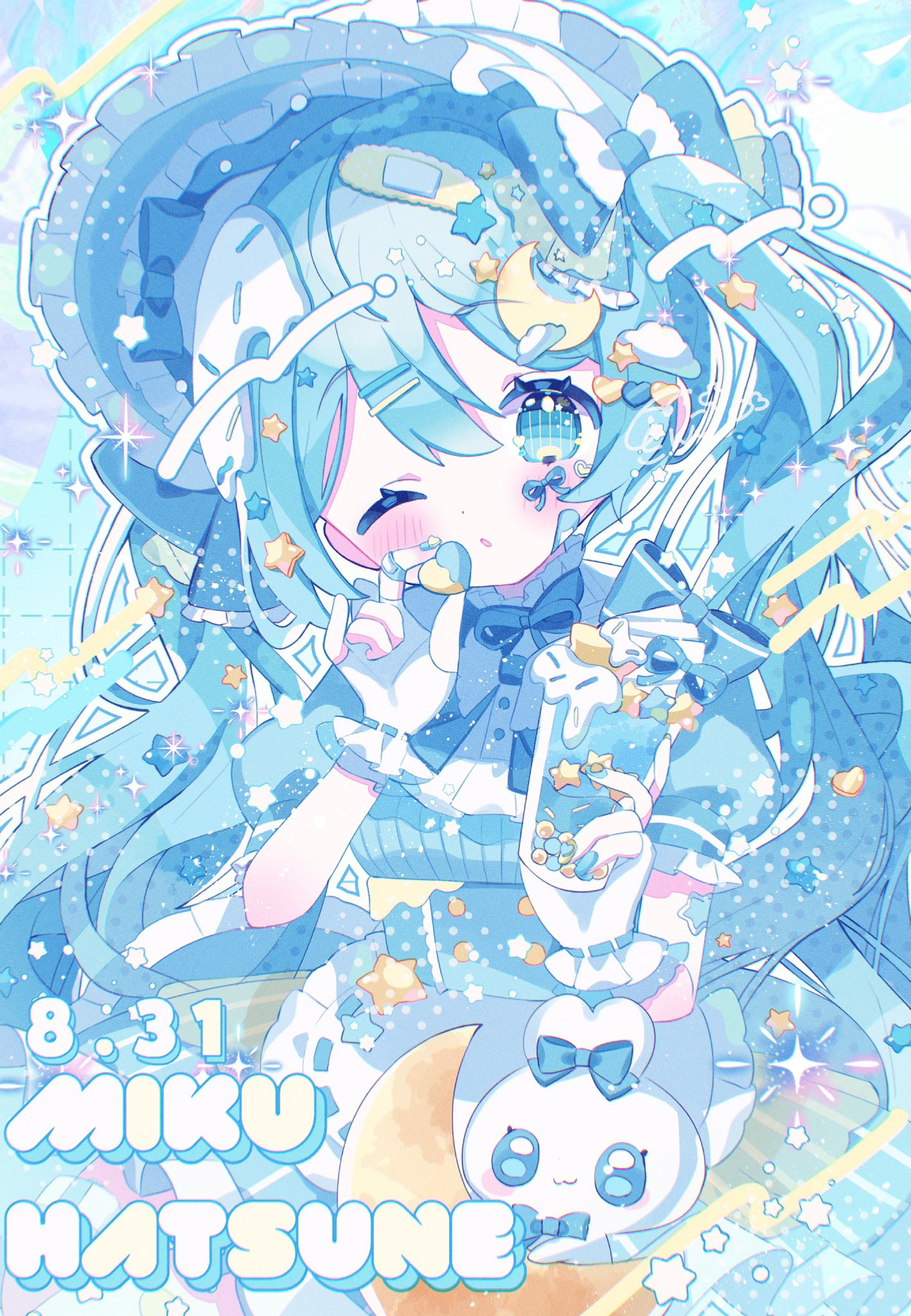 1girl, :o, alternate_costume, apron, blue_dress, blue_eyes, blue_hair, blue_nails