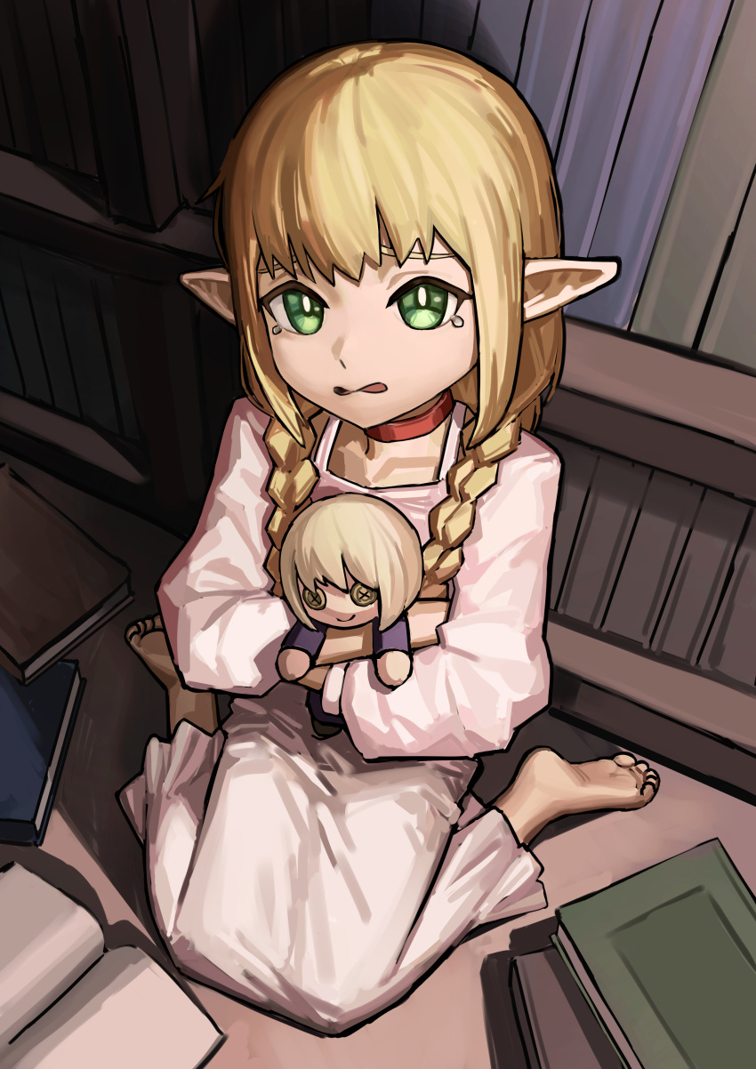 1girl, absurdres, aged_down, an_yb, barefoot, blonde_hair, blue_book, book