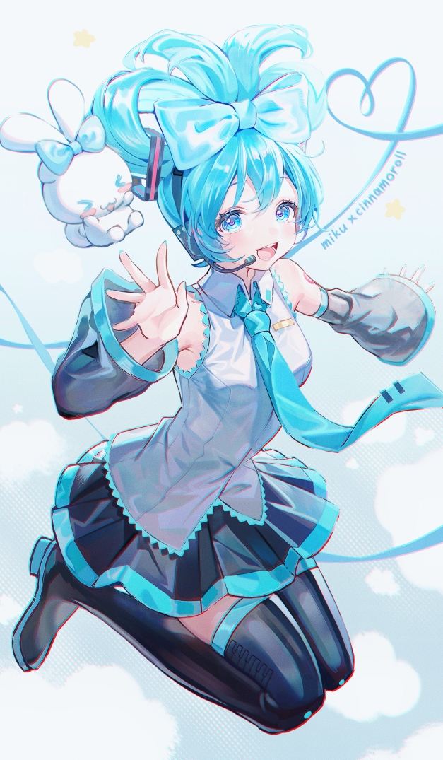 1boy, 1girl, :d, animal_ears, aqua_bow, aqua_eyes, aqua_hair, aqua_nails