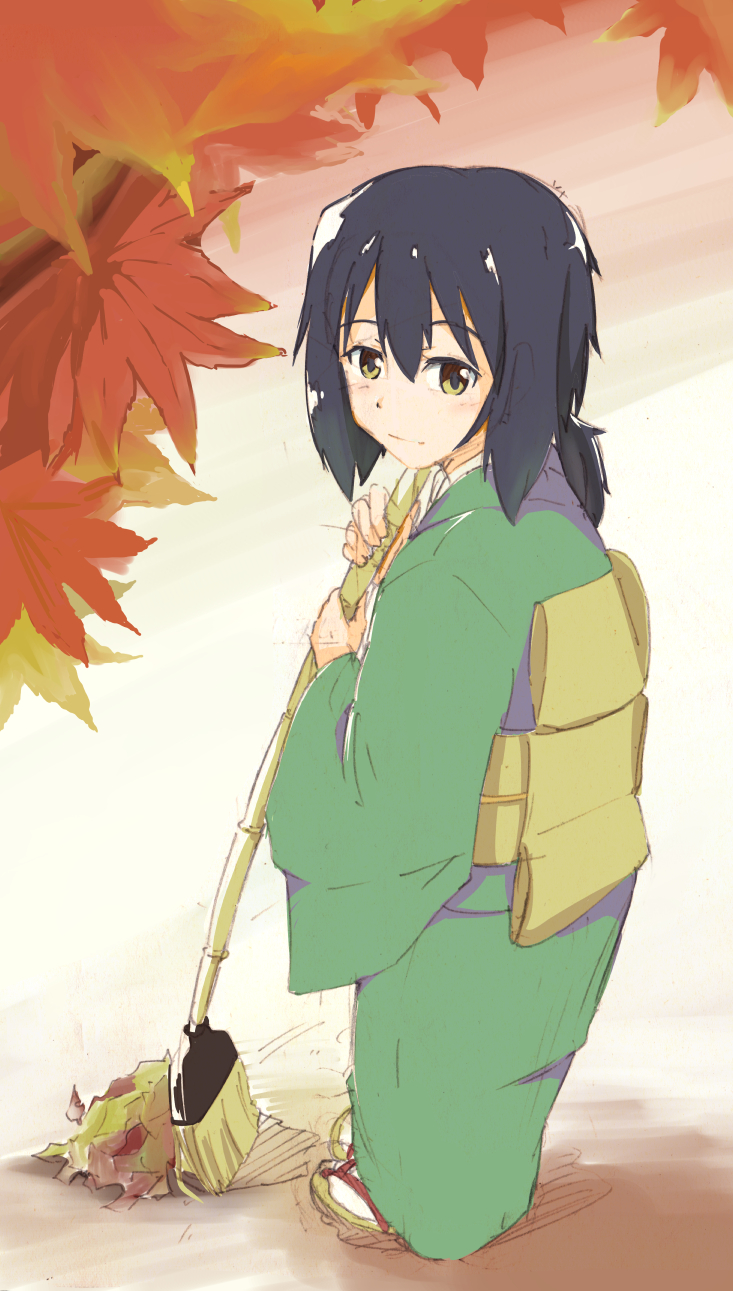 1girl, autumn, autumn_leaves, broom, brown_eyes, brown_hair, girls_und_panzer, green_kimono