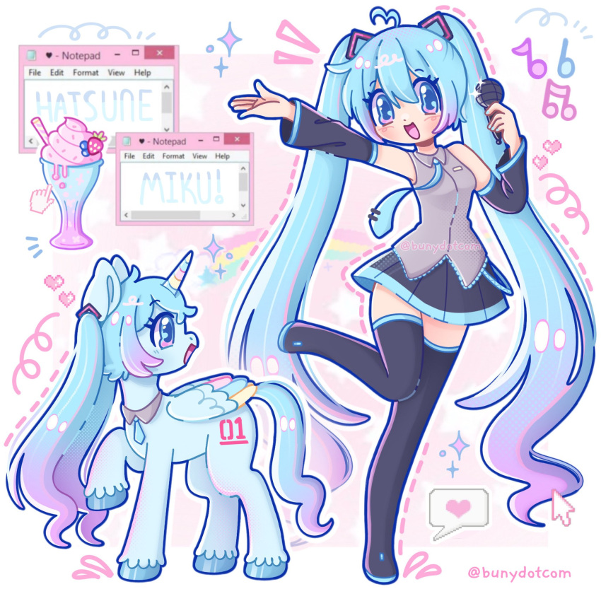1girl, animal, animalization, aqua_eyes, aqua_hair, aqua_necktie, bare_shoulders, bunydotcom, clothed_animal, commentary, cutie_mark, detached_sleeves, dual_persona, english_commentary, hair_between_eyes, hatsune_miku, hatsune_miku_(pony), headset, highres, holding, holding_microphone, hooves, kotobukiya_bishoujo, long_hair, looking_at_viewer, microphone, multicolored_hair, musical_note, my_little_pony, my_little_pony:_friendship_is_magic, necktie, open_mouth, person_and_animalization, pink_hair, pony_(animal), shirt, skirt, smile, standing, thigh-highs, twintails, very_long_hair, vocaloid, winged_unicorn, zettai_ryouiki