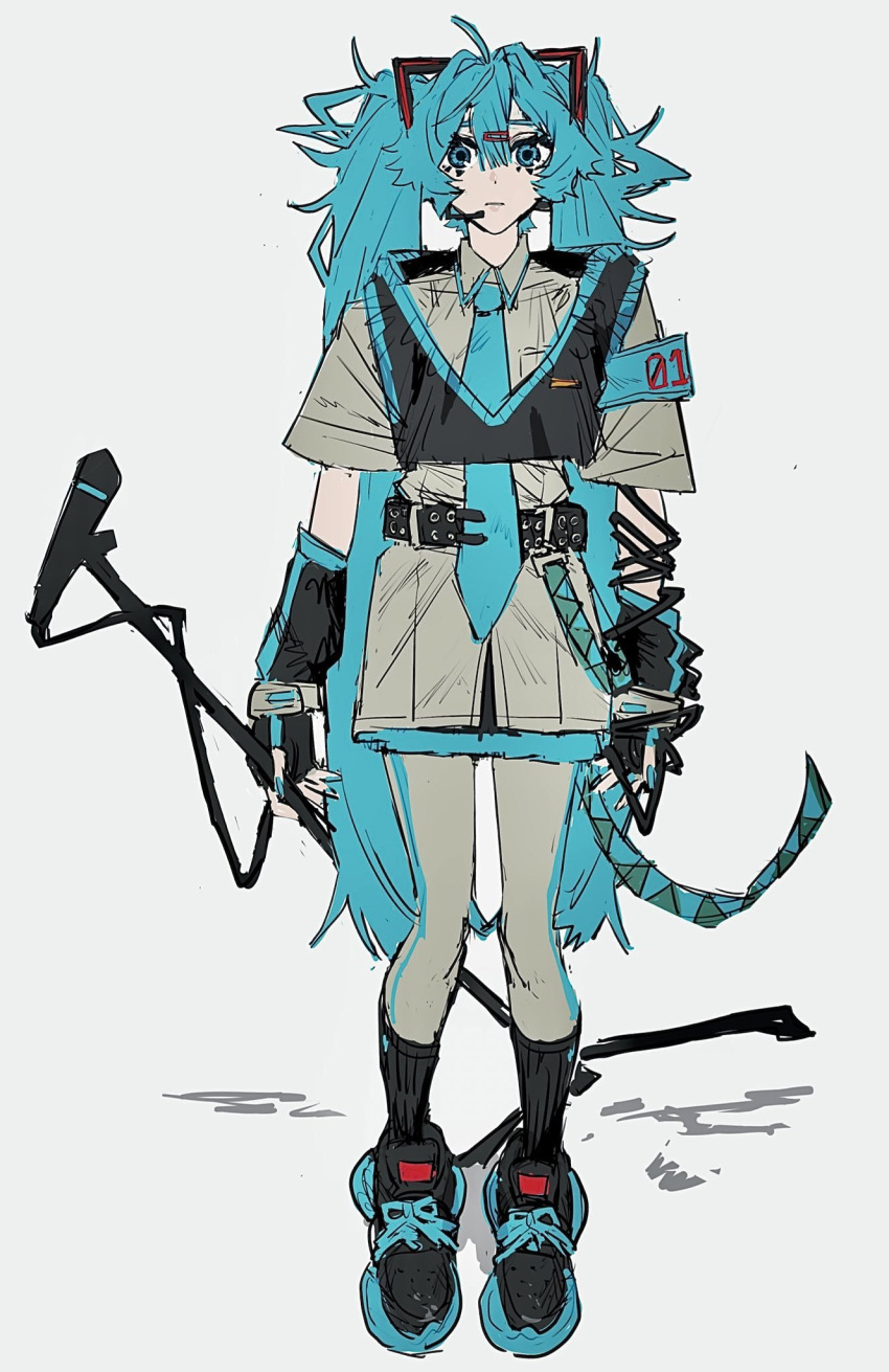 1girl, aa_(happy2525_aao), adapted_costume, arm_warmers, armband, arms_at_sides, belt, black_belt