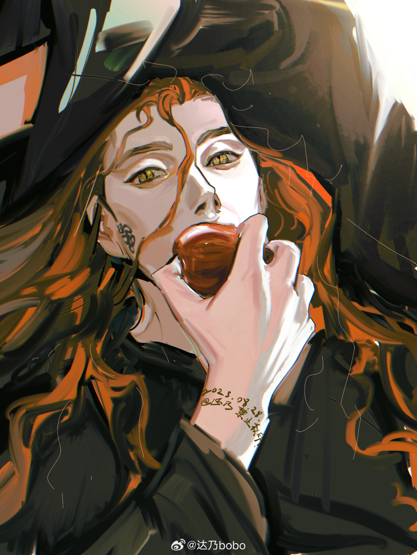 1boy, absurdres, apple, black_robe, crowley_(good_omens), danai_ym, demon_boy, food
