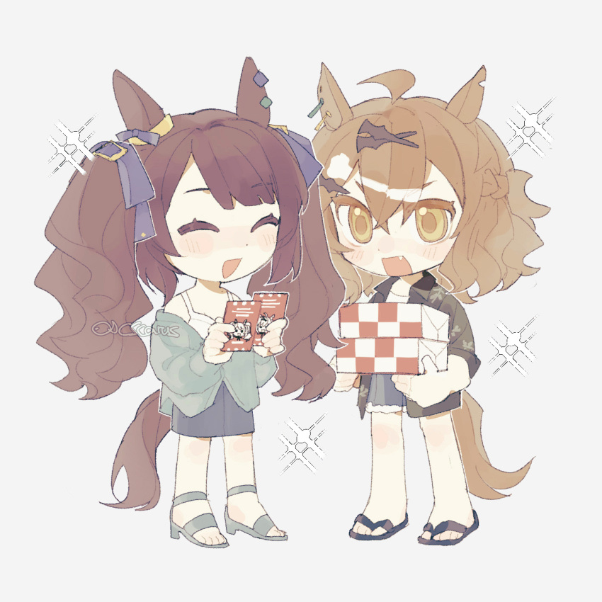 ahoge, animal_ear_piercing, animal_ears, artist_name, asymmetrical_bangs, blue_ribbon, blue_shorts, brown_eyes