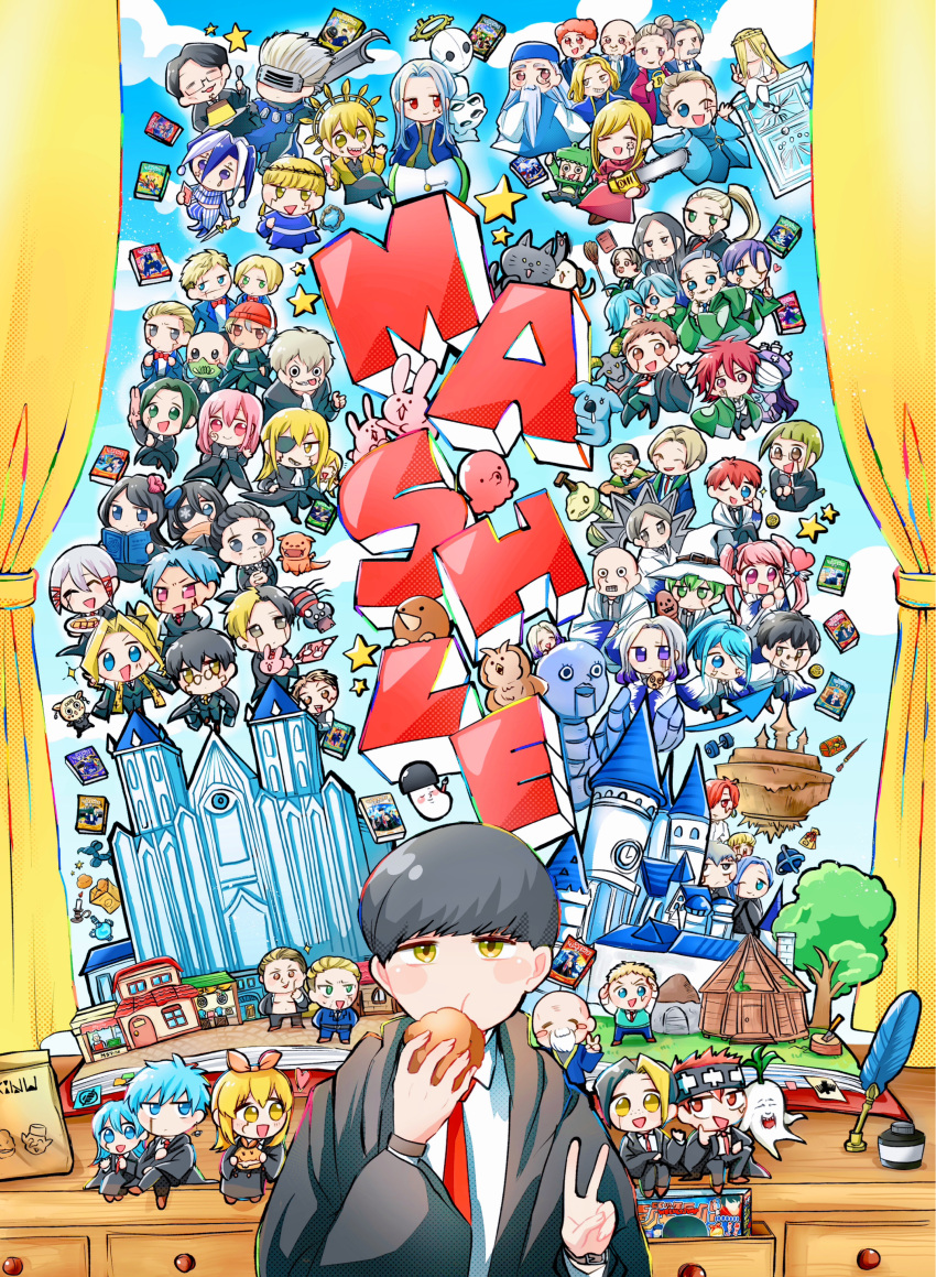 6+boys, 6+girls, absurdres, bald, beard, black_hair, blue_eyes, blue_hair