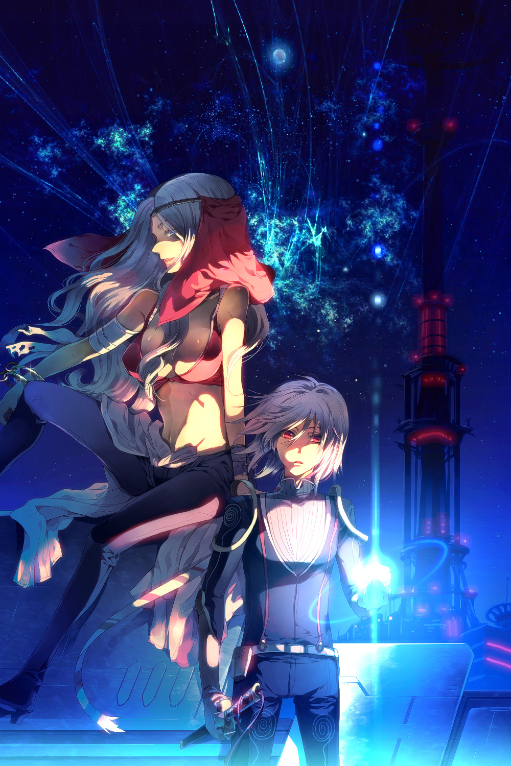 blue_hair, bodysuit, breasts, highres, infinite_space, long_hair, nia_lochlain, purple_hair