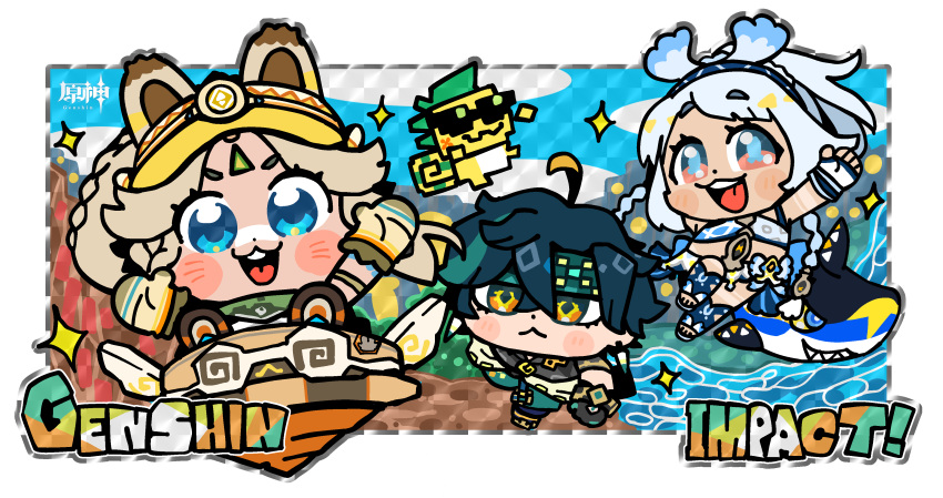 1boy, 2girls, :<, :3, :d, absurdres, ahoge, ajaw_(genshin_impact)