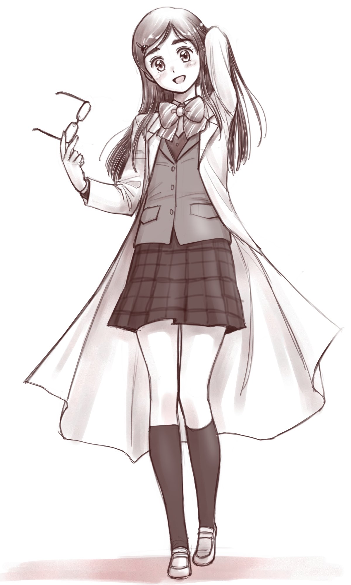 1girl, arm_behind_head, bow, bowtie, diagonal-striped_bow, futari_wa_precure, greyscale, highres