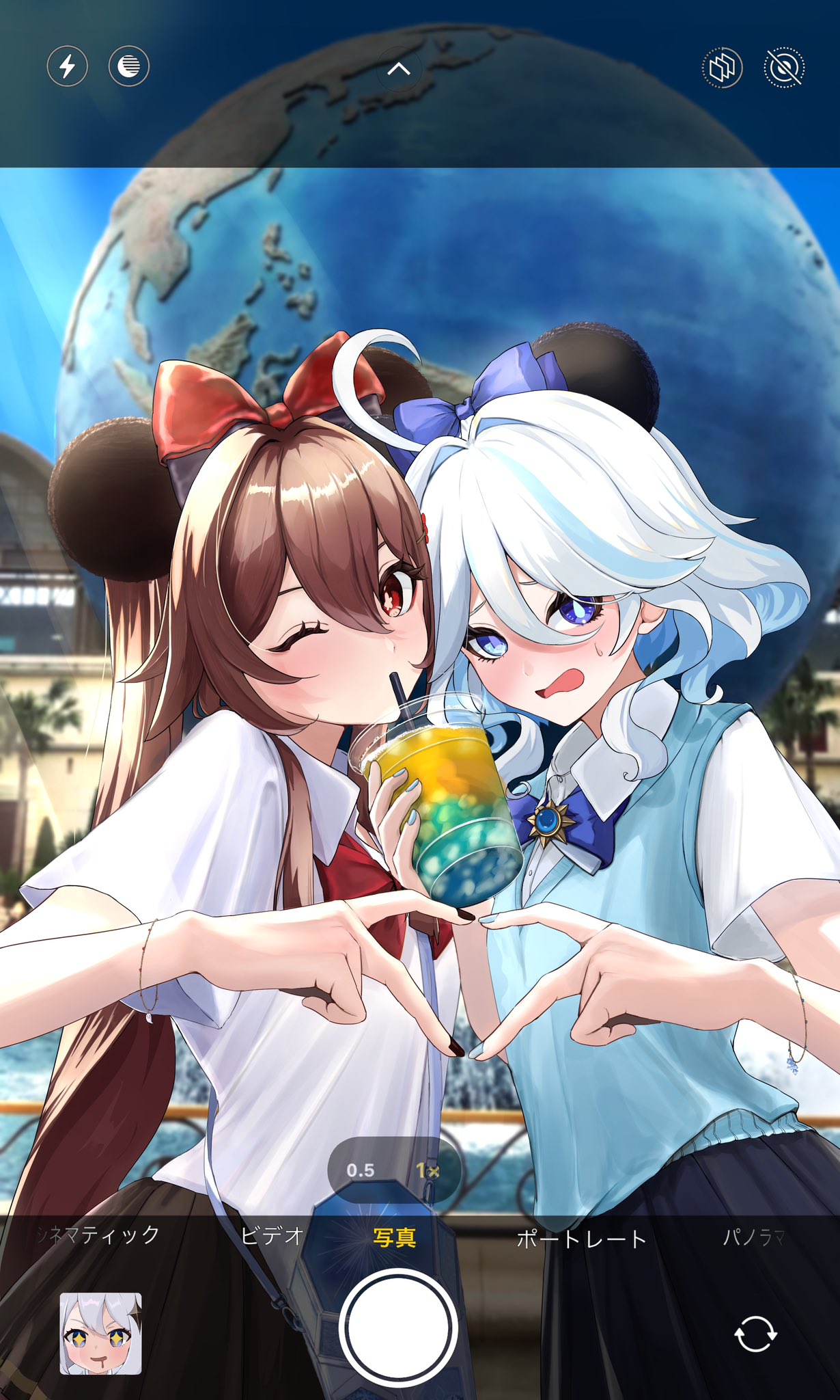 +_+, 02pikapika, 2girls, black_nails, black_skirt, blue_bow, blue_bowtie, blue_eyes