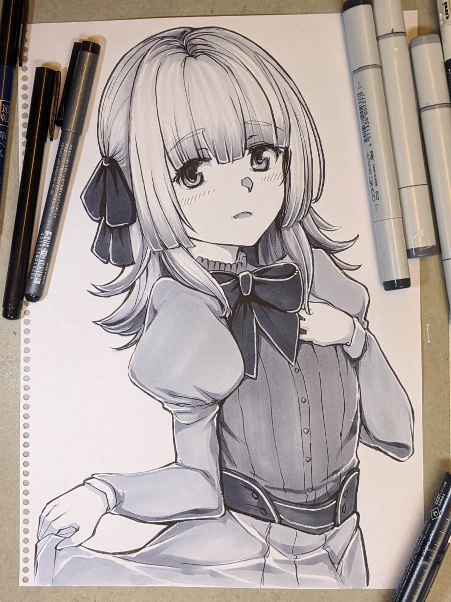 1girl, blush, bow, bowtie, curtsey, dress, eyebrows_hidden_by_hair, flat_chest
