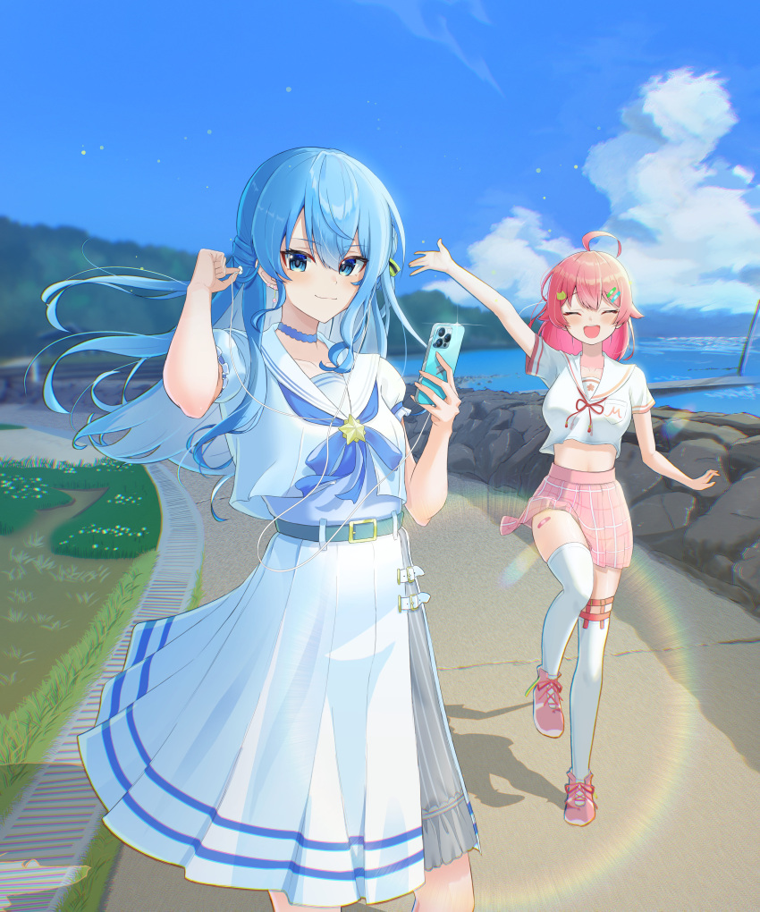 2girls, absurdres, belt, blue_bow, blue_bowtie, blue_choker, blue_eyes, blue_hair