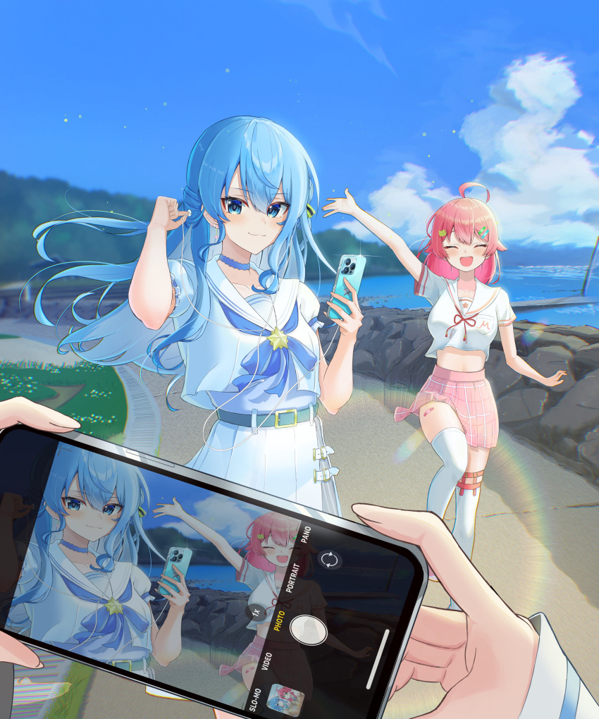 1other, 2girls, absurdres, belt, blue_bow, blue_bowtie, blue_choker, blue_eyes