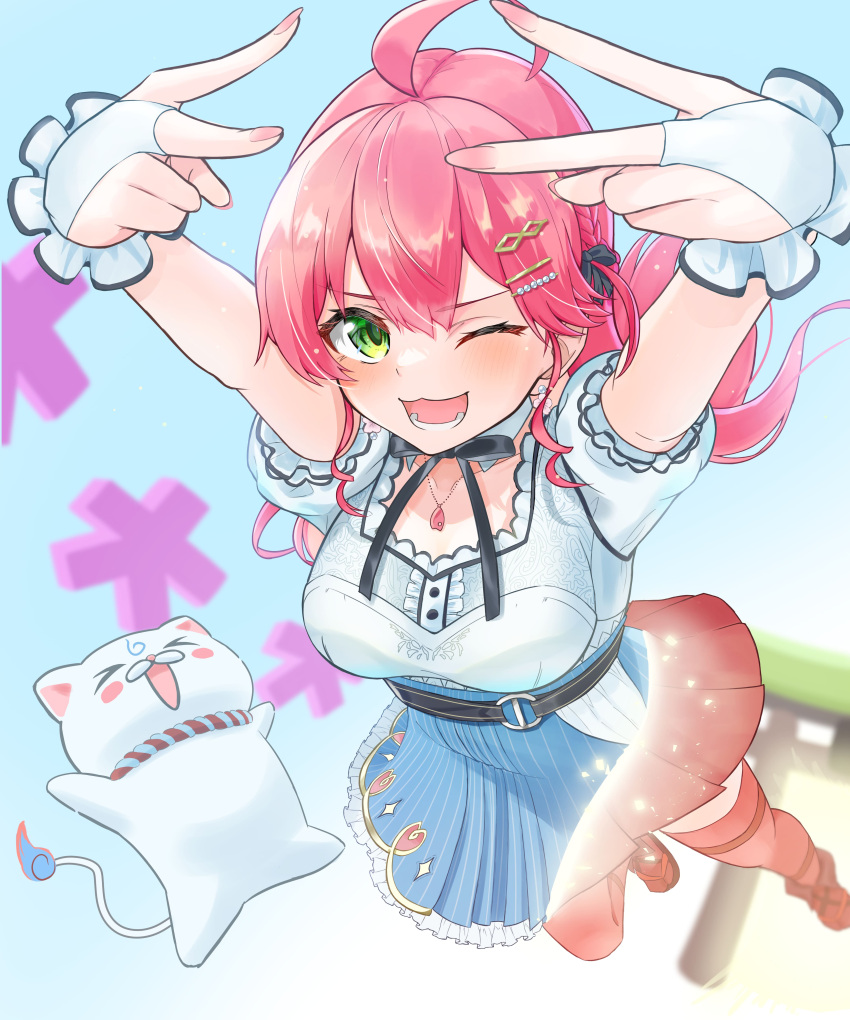 1girl, 35p_(sakura_miko), absurdres, ahoge, arms_up, black_ribbon, blue_skirt, blush