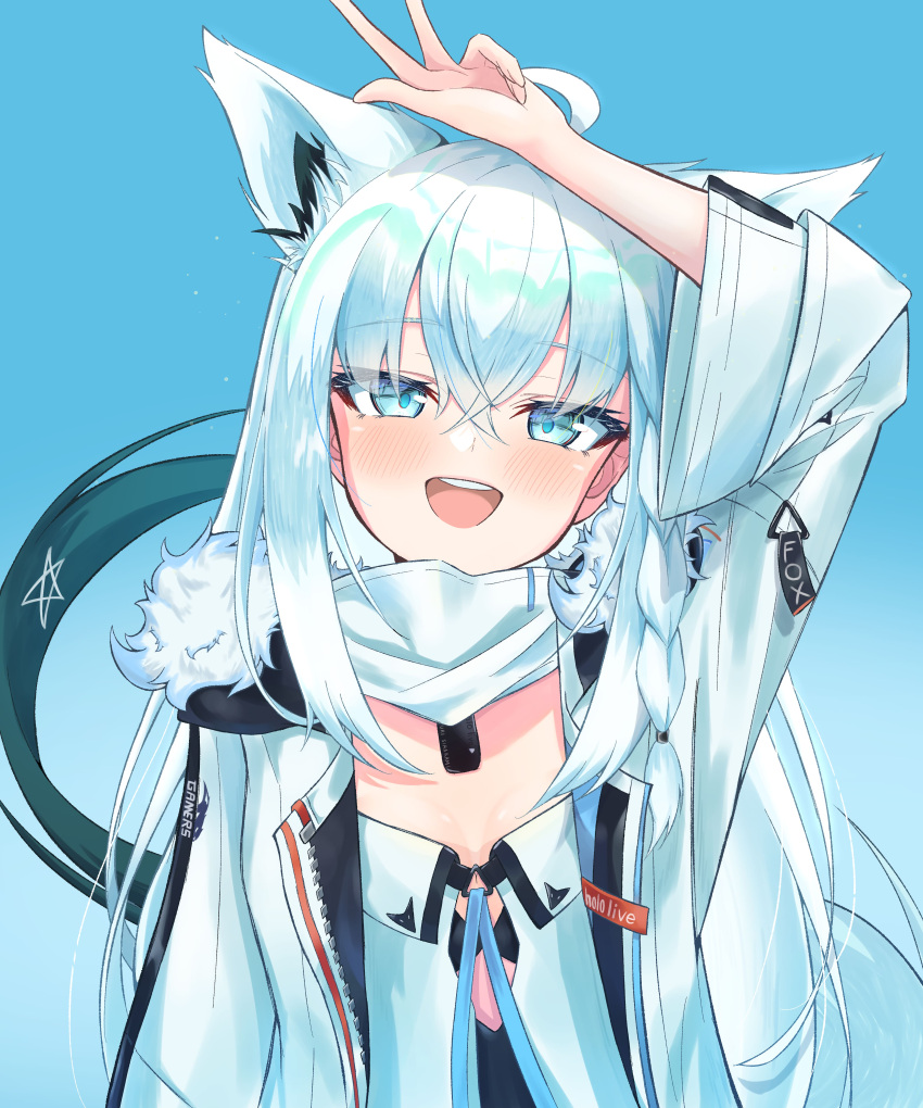 1girl, absurdres, ahoge, animal_ears, arm_up, black_choker, blue_background, blush