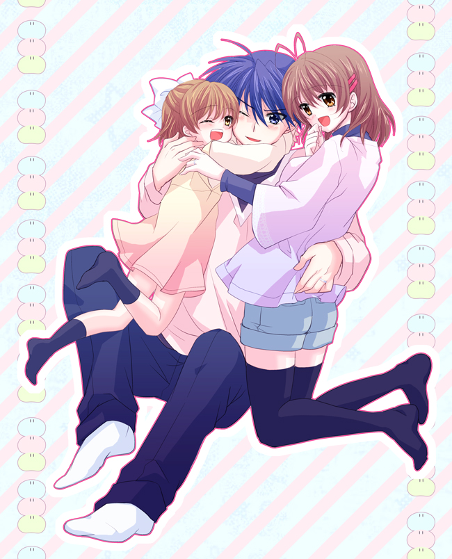 black_legwear, black_thighhighs, blue_eyes, blue_hair, blush, bow, brown_eyes, brown_hair