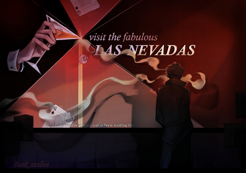 2boys, ad, artist_name, billboard, black_jacket, brown_coat, brown_hair, card