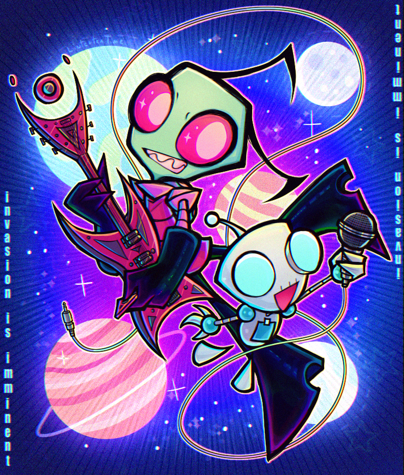 2boys, alien, colored_skin, electric_guitar, gir_(invader_zim), green_skin, guitar, holding