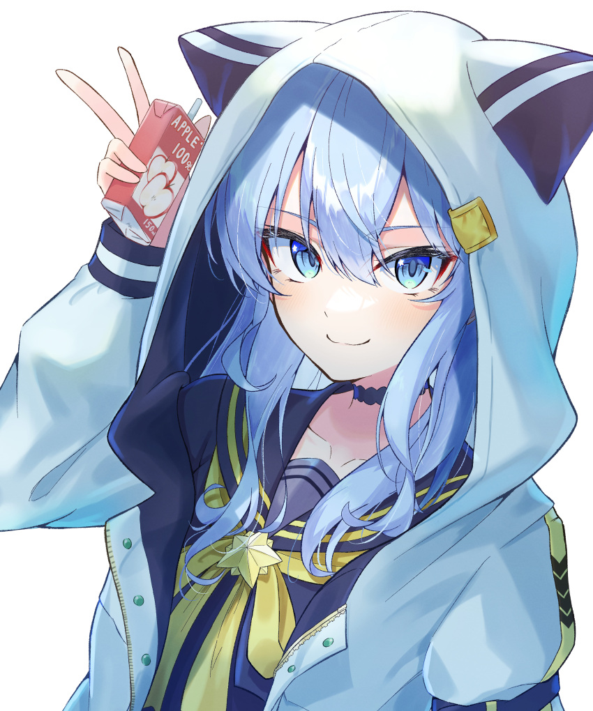 1girl, absurdres, animal_hood, apple_juice, black_choker, black_sailor_collar, black_shirt, blue_eyes