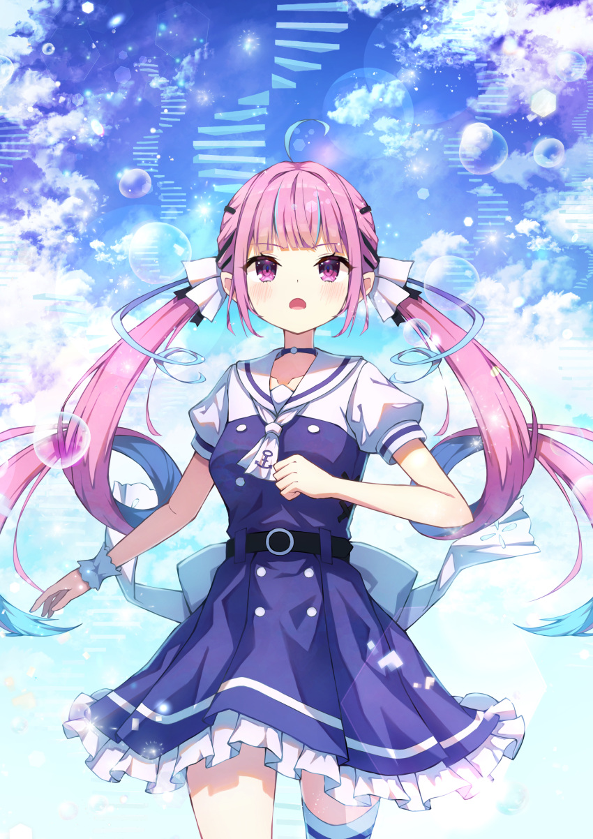 1girl, absurdres, ahoge, aquarium_(visual_novel), blue_dress, blue_hair, blue_sky, blush