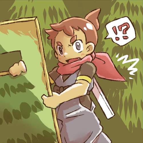 !?, 1boy, bow-wow, brown_hair, fang, grey_eyes, holding, holding_shield