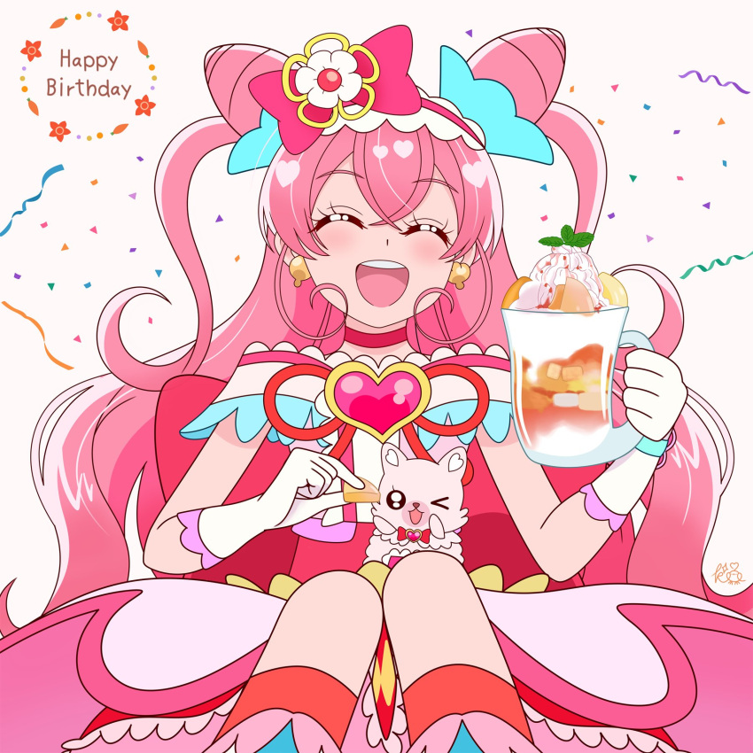 1girl, arm_around_waist, bare_shoulders, birthday, blush, boots, brooch, choker, closed_eyes, cone_hair_bun, confetti, cream, cup, cure_precious, curled_ends, delicious_party_precure, dress, earrings, food, frilled_dress, frilled_skirt, frilled_sleeves, frills, fruit, fruit_cup, gloves, hair_bun, hair_ornament, hair_ribbon, happy_birthday, heart, heart-shaped_pupils, highres, holding, holding_cup, jewelry, kome-kome_(precure), long_hair, mug, nagomi_yui, parfait, pink_hair, precure, ribbon, sevenfold_fairytale, sitting, skirt, smile, solo_focus, symbol-shaped_pupils, twintails, very_long_hair