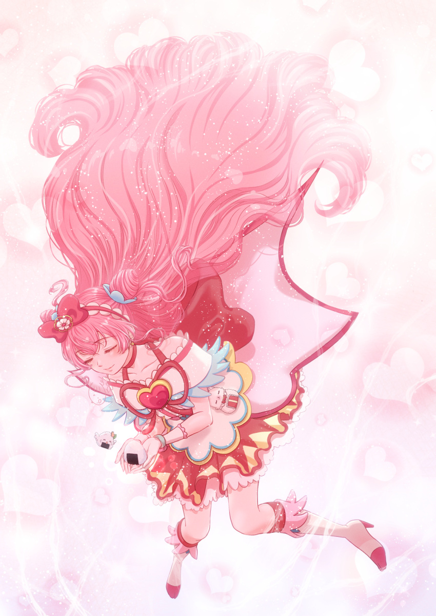 1girl, arm_around_waist, bare_shoulders, boots, brooch, choker, closed_eyes, cone_hair_bun, cure_precious, curled_ends, delicious_party_precure, dress, floating_hair, food, frilled_dress, frilled_skirt, frilled_sleeves, frills, gloves, hair_bun, hair_ornament, hair_ribbon, heart, heart-shaped_pupils, heart_background, heart_brooch, highres, holding, holding_food, inosisinoko24, jewelry, kneehighs, kome-kome_(precure), long_hair, magical_girl, medium_dress, nagomi_yui, onigiri, pink_choker, pink_hair, pink_sweater_vest, precure, ribbon, skirt, socks, solo, sweater_vest, symbol-shaped_pupils, twintails, two_side_up, very_long_hair, wristband